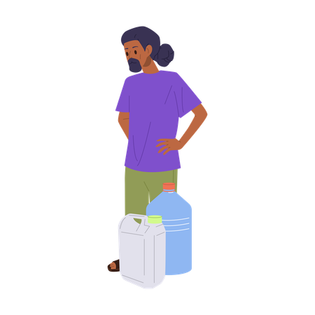 Man Standing With Empty Bottle And Canister Waiting For Fresh Drinking Water  Illustration