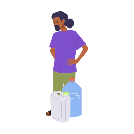 Man Standing With Empty Bottle And Canister Waiting For Fresh Drinking Water  Illustration