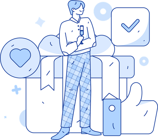 Man standing with gift box while giving feedback  Illustration