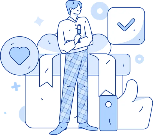 Man standing with gift box while giving feedback  Illustration