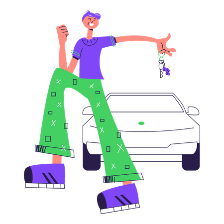 Man standing with his new car Illustration