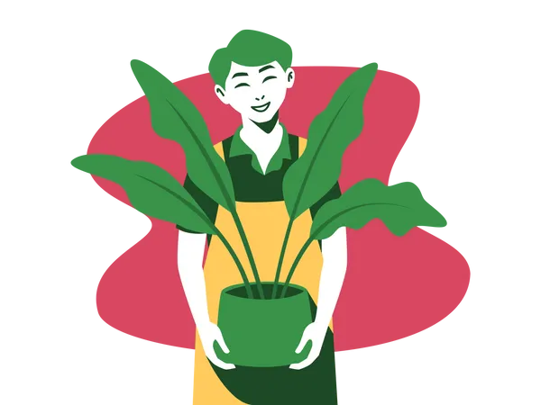 Man standing with house plant Illustration