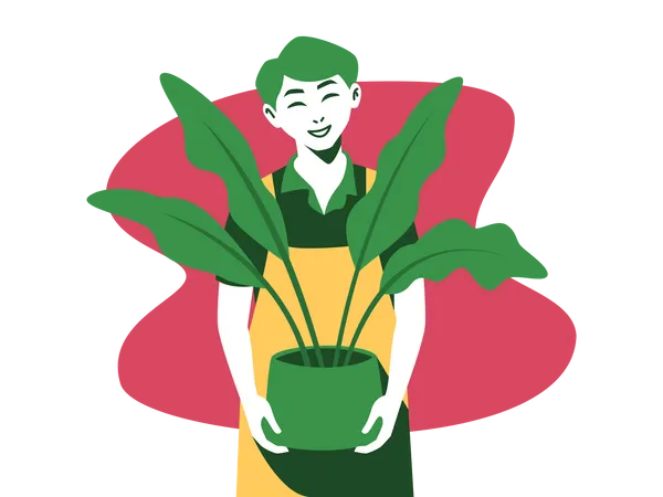 Man standing with house plant  Illustration