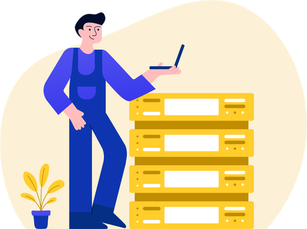 Man Standing With Laptop working on data server  Illustration