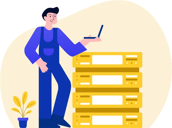 Man Standing With Laptop working on data server  Illustration