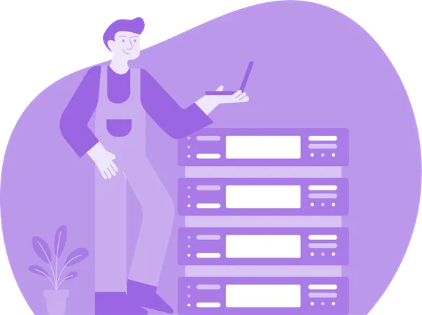 Man Standing With Laptop working on data server  Illustration