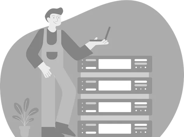 Man Standing With Laptop working on data server  Illustration