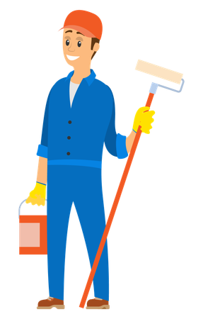 Man standing with painting bucket and roller  Illustration
