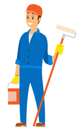 Man standing with painting bucket and roller  Illustration