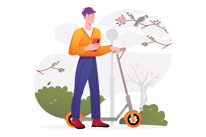 Man standing with scooter and mobile  Illustration