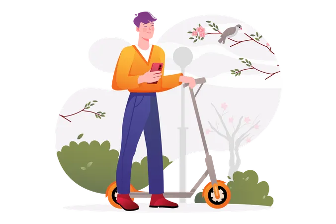 Man standing with scooter and mobile  Illustration