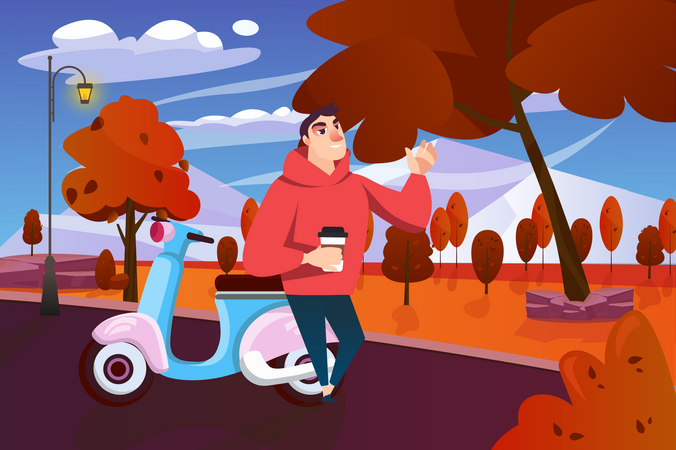 Man standing with scooter while drinking coffee in park  Illustration