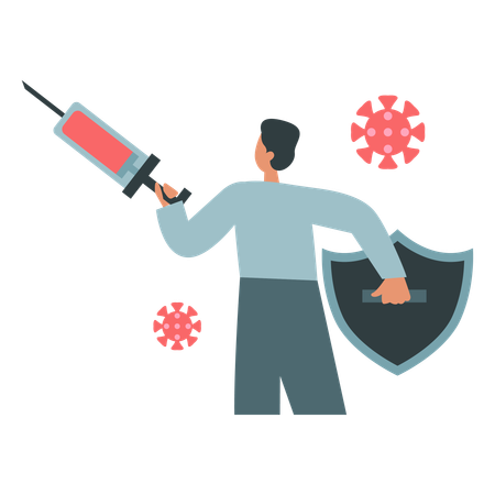 Man standing with shield and injection  Illustration