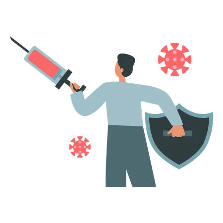 Man standing with shield and injection  Illustration