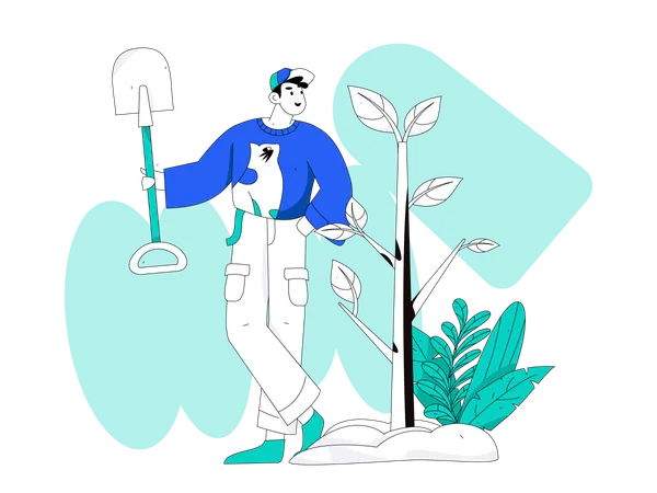Man standing with shovel near plant  Illustration