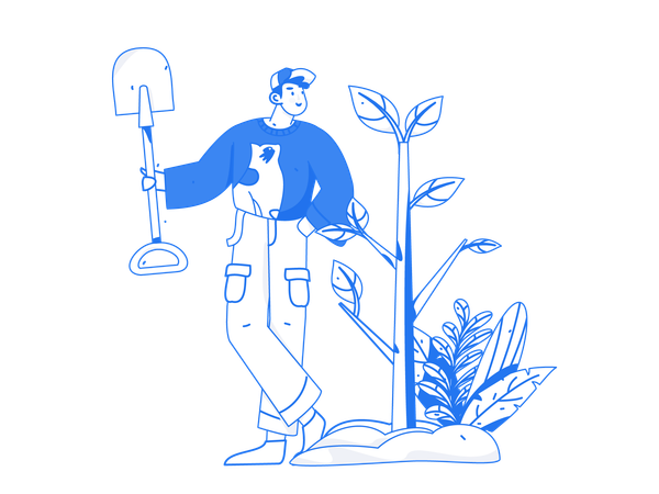 Man standing with shovel near plant  イラスト