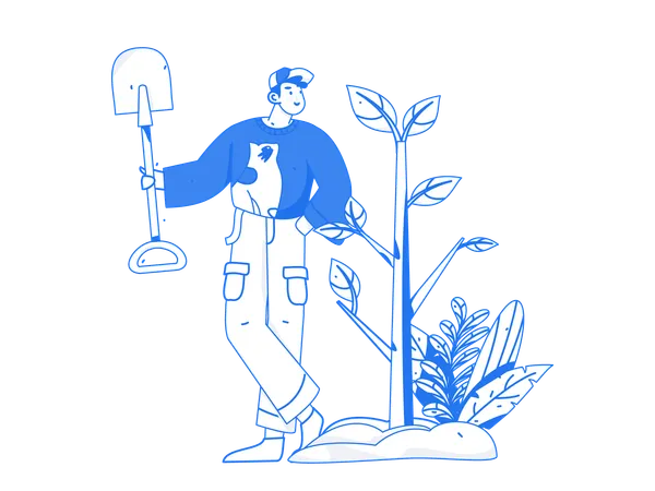 Man standing with shovel near plant  イラスト
