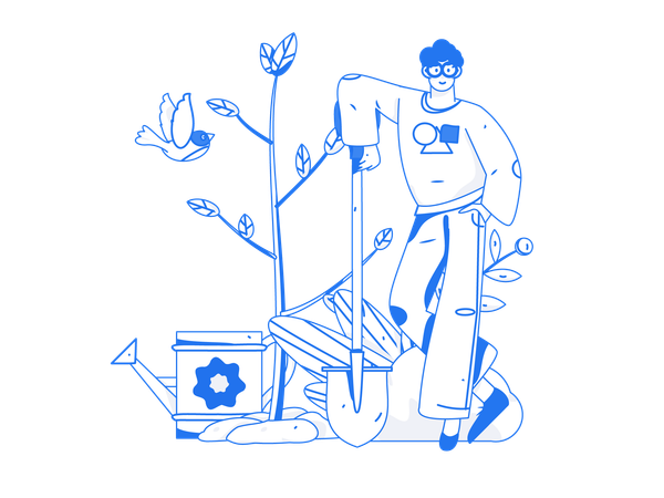 Man standing with shovel near plant  Illustration
