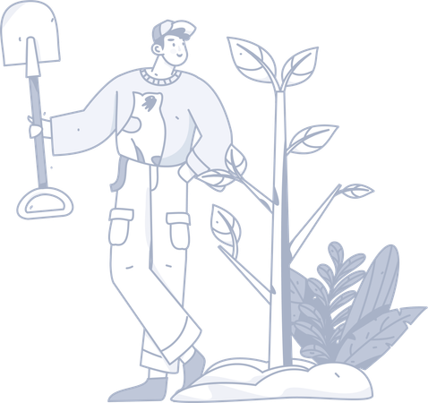 Man standing with shovel near plant  Illustration