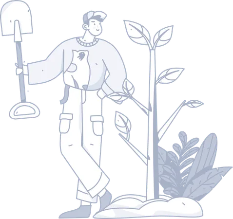 Man standing with shovel near plant  Illustration