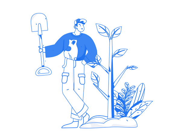 Man standing with shovel near plant  Illustration