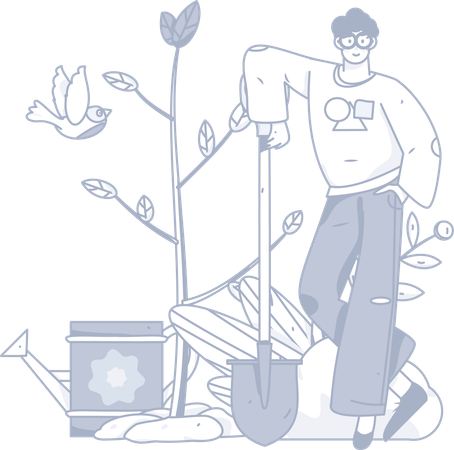 Man standing with shovel near plant  Illustration