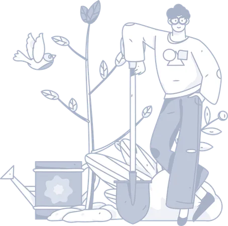 Man standing with shovel near plant  Illustration