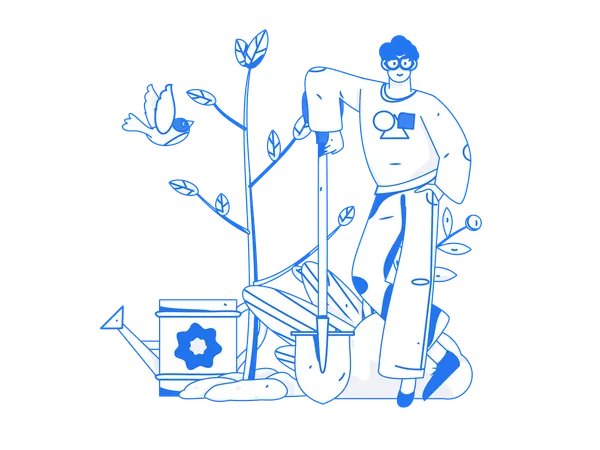 Man standing with shovel near plant  Illustration