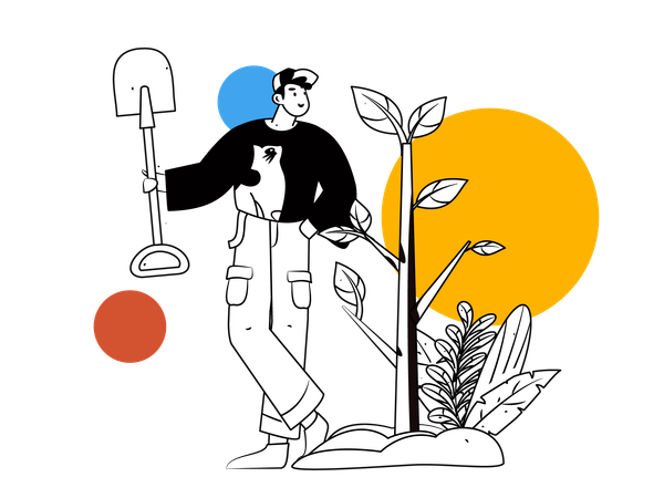 Man standing with shovel near plant  Illustration