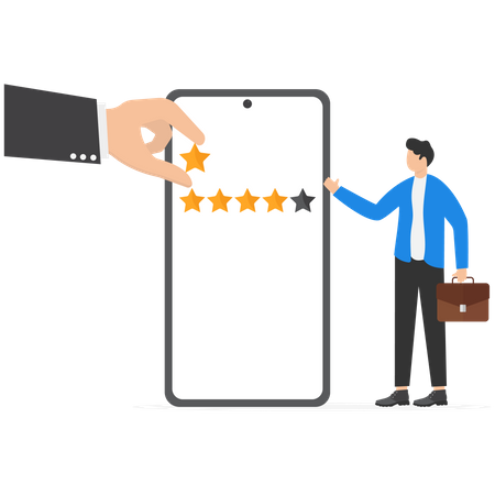 Man standing with smartphone with giant hand rating five stars  Illustration