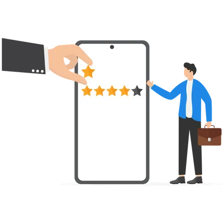 Man standing with smartphone with giant hand rating five stars  Illustration