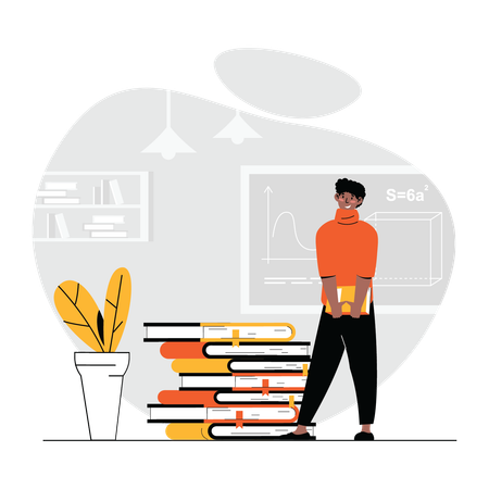 Man standing with stack of books  Illustration