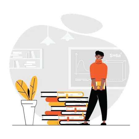 Man standing with stack of books  Illustration