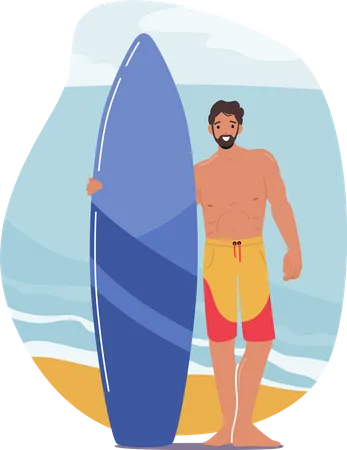 Young Male Character With Surf Board In Hands Stand On Sandy Beach On Summer Resort Summertime Vacation Traveling Man Spending Holidays In Exotic Country Cartoon Vector Illustration Illustration