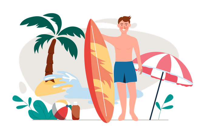 Man standing with surfboard Illustration
