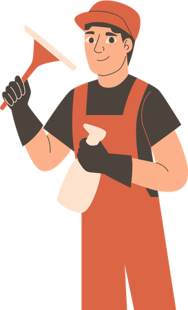 Man standing with wiper and sprayer bottle for cleaning service  Illustration