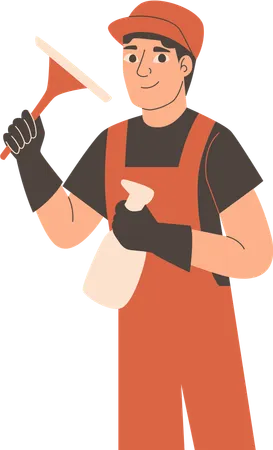 Man standing with wiper and sprayer bottle for cleaning service  Illustration