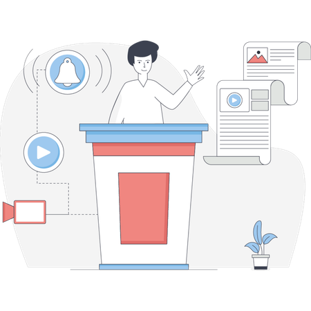 Man stands at a podium delivering a speech to an audience  Illustration