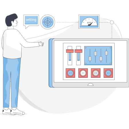 Man stands before a computer screen displaying a dashboard diagram analyzing data and insights  Illustration