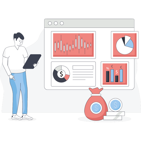 Man stands before a screen displaying various graphs and charts analyzing data for a presentation Illustration