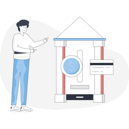 Man stands beside a bank machine preparing to use it for a transaction  Illustration