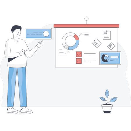Man stands beside a board displaying various graphs and charts indicating data analysis or presentation Illustration