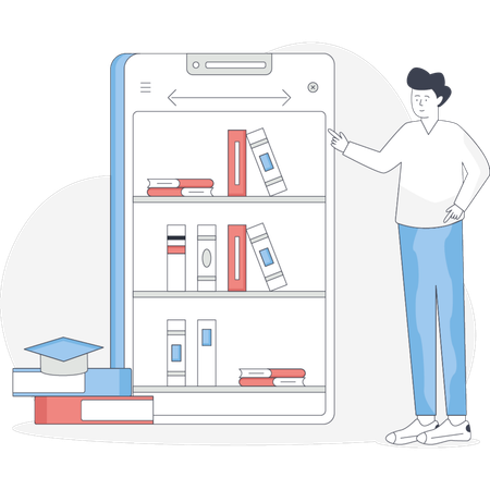 Man stands beside a bookshelf with a book prominently displayed on the shelf  Illustration