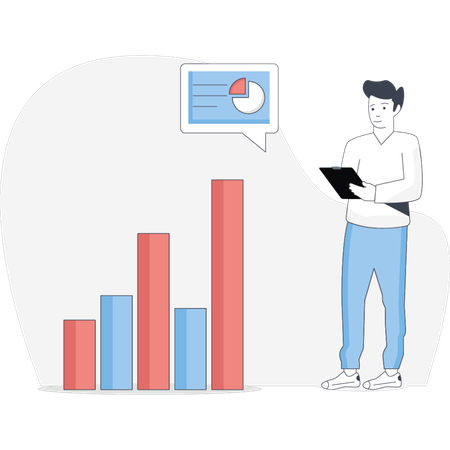 Man stands beside a chart holding a tablet analyzing data in a professional setting  Illustration