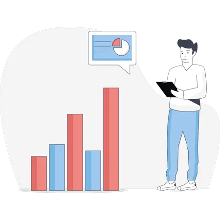 Man stands beside a chart holding a tablet analyzing data in a professional setting  Illustration