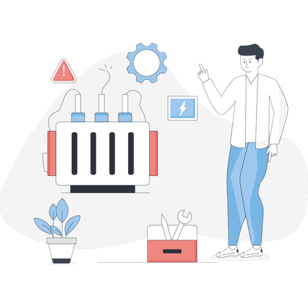 Man stands beside a computer and a potted plant engaged in work or discussion in a modern office setting  Illustration