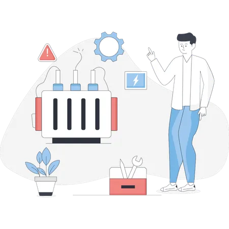 Man stands beside a computer and a potted plant engaged in work or discussion in a modern office setting  Illustration