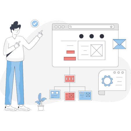 男性がコンピューターの画面の横に立っている  イラスト