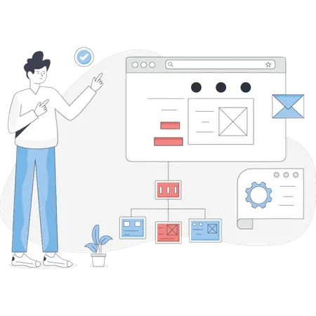 男性がコンピューターの画面の横に立っている  イラスト