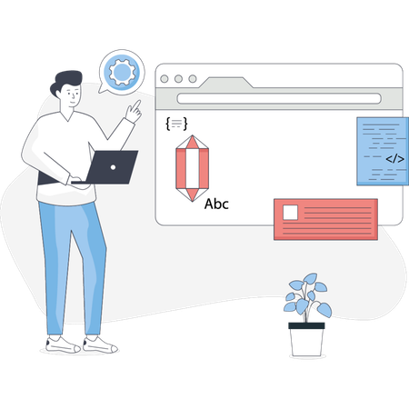 Man stands beside a computer screen and a laptop engaged in a work-related task  Illustration